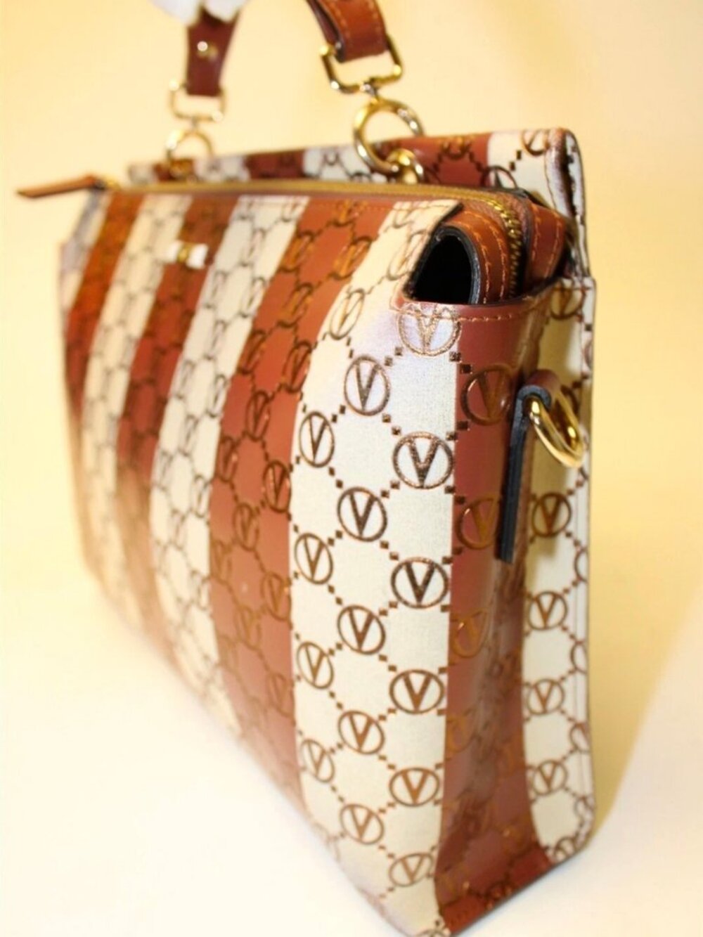 Mario Valentino Spa Italy Made Briget Monogram Striped Leather Hand Bag - Picture 10 of 14